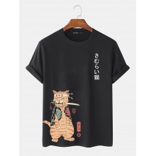 Mens Carp Warrior Cat Print Japanese Style Short Sleeve T  Shirts