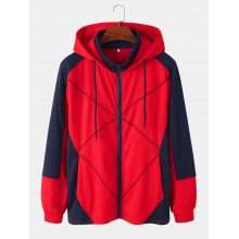 Mens Patchwork Contrast Color Zipper Casual Sports Hooded Jacket