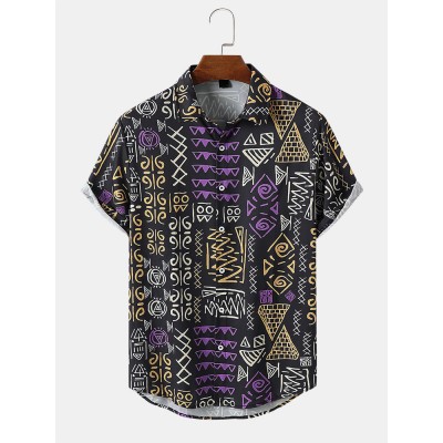 Mens Tribal Print Icon Pattern Retro Curved Hem Shirts