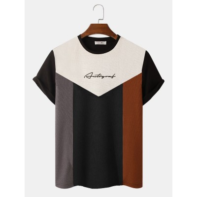 Mens Color Block Patchwork Letter Embroidered Knitted Short Sleeve T  Shirts