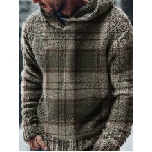 Vintage Gray-green Plaid Print Casual Knitted Hoodie Sweater