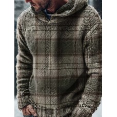 Vintage Gray-green Plaid Print Casual Knitted Hoodie Sweater