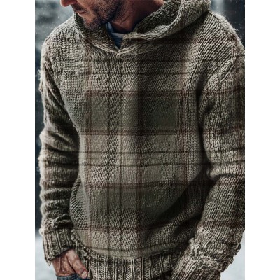 Vintage Gray-green Plaid Print Casual Knitted Hoodie Sweater