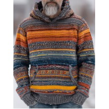Vintage Ethnic Stripe Print Knit Pullover Hooded Sweater