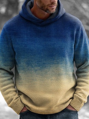 Retro Color Gradient Print Casual Knitted Hoodie Sweater