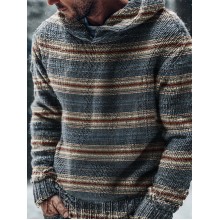 Vintage Blue Stripes Print Casual Knitted Hoodie Sweater