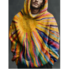 Retro Multicolored Sun Art Print Casual Knitted Hoodie Sweater