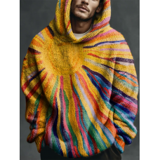 Retro Multicolored Sun Art Print Casual Knitted Hoodie Sweater