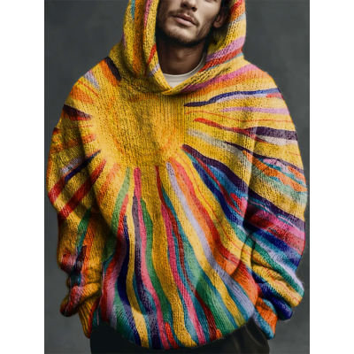 Retro Multicolored Sun Art Print Casual Knitted Hoodie Sweater