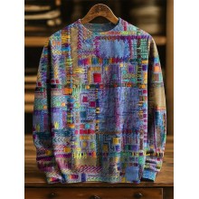Vintage Purple Patchwork Ethnic Art Print Knit Pullover Sweater