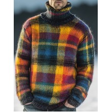 Vintage Colorful Plaid Print Knit Turtleneck Pullover Sweater