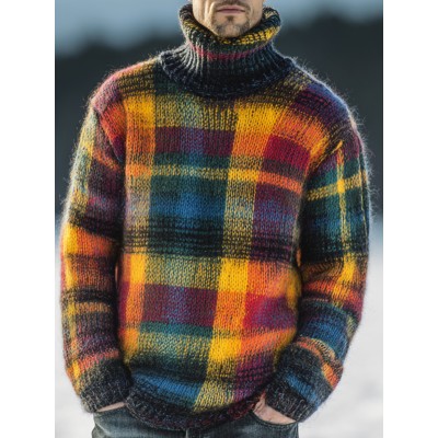 Vintage Colorful Plaid Print Knit Turtleneck Pullover Sweater