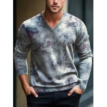 Purple Watercolor Water Stains Decorative Pattern V-Neck Lnit Long Sleeve Sweater