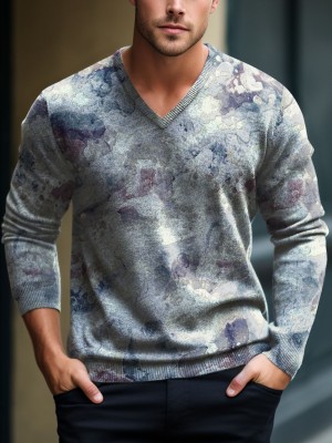 Purple Watercolor Water Stains Decorative Pattern V-Neck Lnit Long Sleeve Sweater