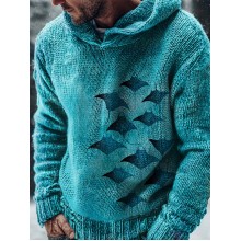 Blue Ocean Manta Ray Print Casual Knitted Hoodie Sweater