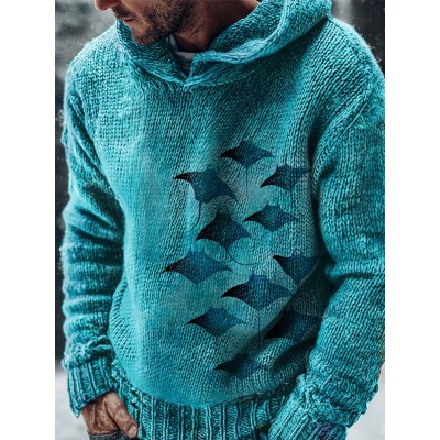 Blue Ocean Manta Ray Print Casual Knitted Hoodie Sweater