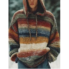 Vintage Stripe Print Casual Knitted Hoodie Sweater