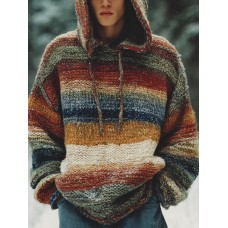 Vintage Stripe Print Casual Knitted Hoodie Sweater