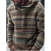 Vintage Striped Decorative Pattern Casual Knitted Hoodie Sweater