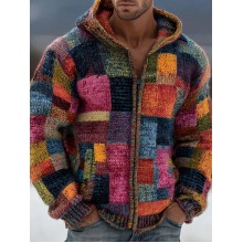 Vintage Color Block Print Knit Zip Up Sweater