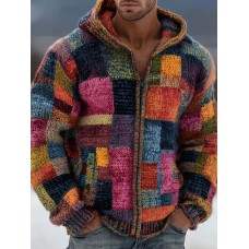 Vintage Color Block Print Knit Zip Up Sweater