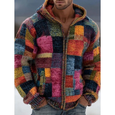 Vintage Color Block Print Knit Zip Up Sweater