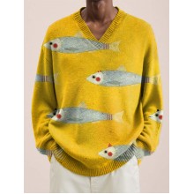 Men V-Neck Yellow Fis Art Lnit Long Sleeve Sweater