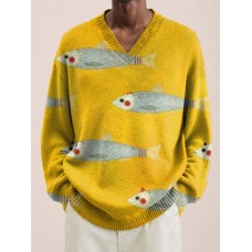Men V-Neck Yellow Fis Art Lnit Long Sleeve Sweater