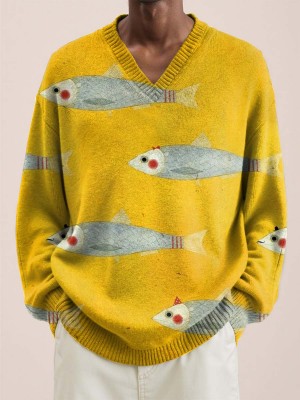 Men V-Neck Yellow Fis Art Lnit Long Sleeve Sweater