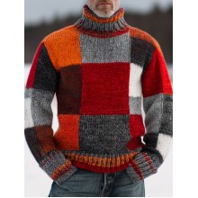 Vintage Contrast Color Block Print Knit Turtleneck Pullover Sweater