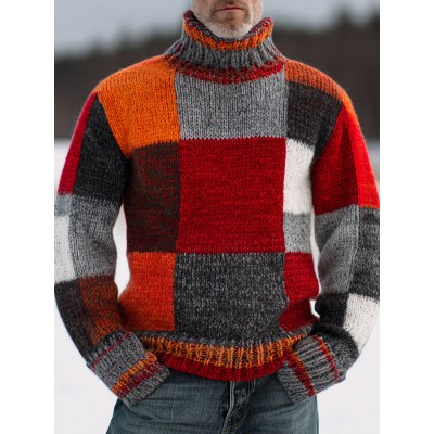 Vintage Contrast Color Block Print Knit Turtleneck Pullover Sweater