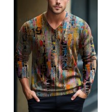 Mix and Match Decorative Patterns of Various Patterns V-Neck Lnit Long Sleeve Sweater