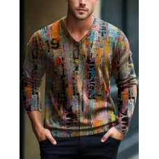 Mix and Match Decorative Patterns of Various Patterns V-Neck Lnit Long Sleeve Sweater