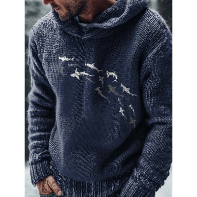 Deep Sea Sharks Print Casual Knitted Hoodie Sweater