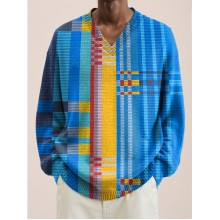 Men Multicolor Stripe Print V-Neck Lnit Long Sleeve Sweater