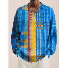 Men Multicolor Stripe Print V-Neck Lnit Long Sleeve Sweater