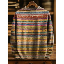 Retro Colorful Ethnic Stripes Print Knit Pullover Sweater