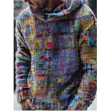 Vintage Purple Patchwork Ethnic Art Print Casual Knitted Hoodie Sweater