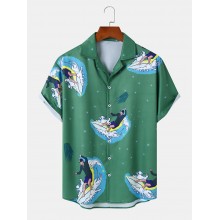 Mens Surfing Male Print Hem Cuff Short Sleeve Shirts